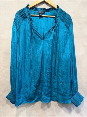 Rachel Zoe Teal Ruffled Tie-Neck Long Sleeve Blouse